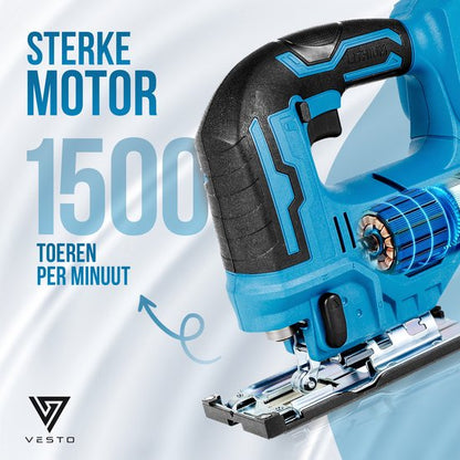 Vesto® Accu Decoupeerzaag – 21V Li-Ion – Variabele Snelheid – Zaagdiepte 65 mm – Incl. 2 Accu’s, Zaagbladen & Koffer