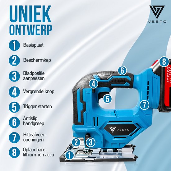 Vesto® Accu Decoupeerzaag – 21V Li-Ion – Variabele Snelheid – Zaagdiepte 65 mm – Incl. 2 Accu’s, Zaagbladen & Koffer
